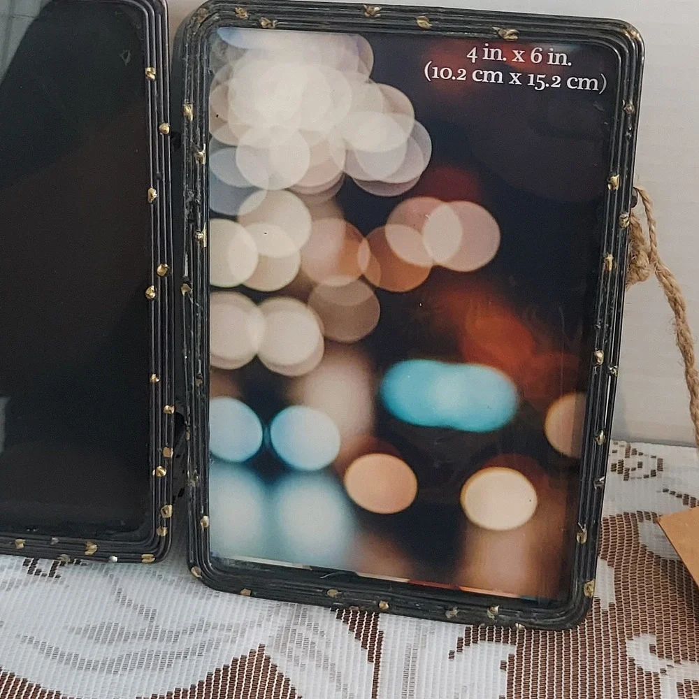 Habitat Decor Brewster Tasida Black Wire 4x6 Photo Frame Pair Gold Accents NEW